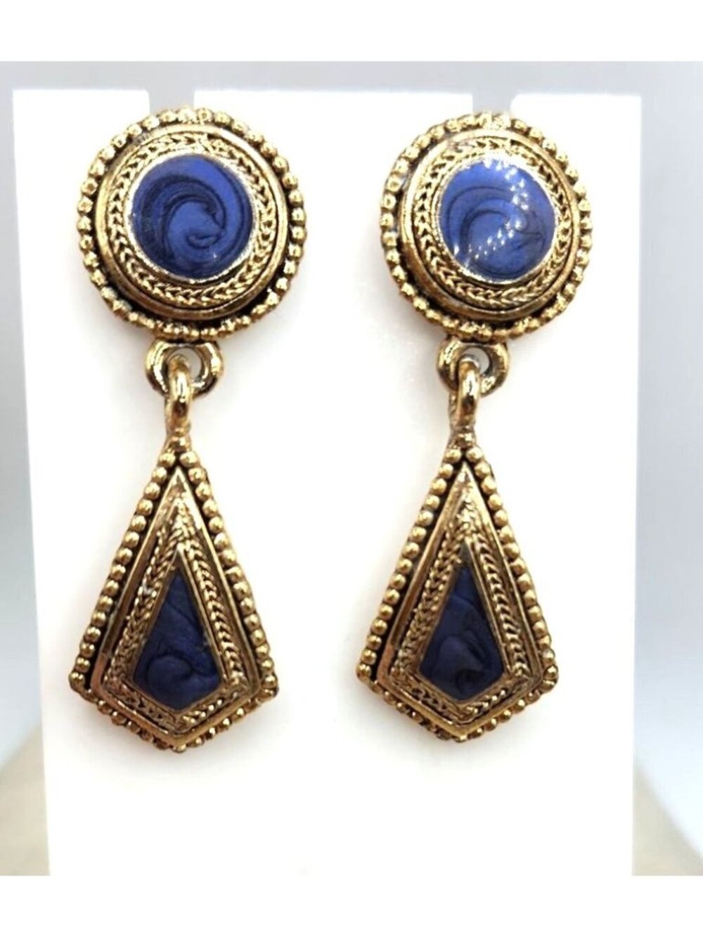 Art Deco Pale Grey Purple Enamel Round Circle Triangle Drop Gold Tone Earrings
